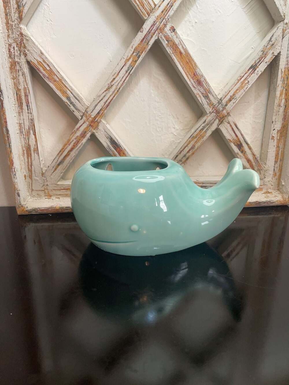 Vintage Ceramic Whale Wall Pocket Planter Aqua Blue
